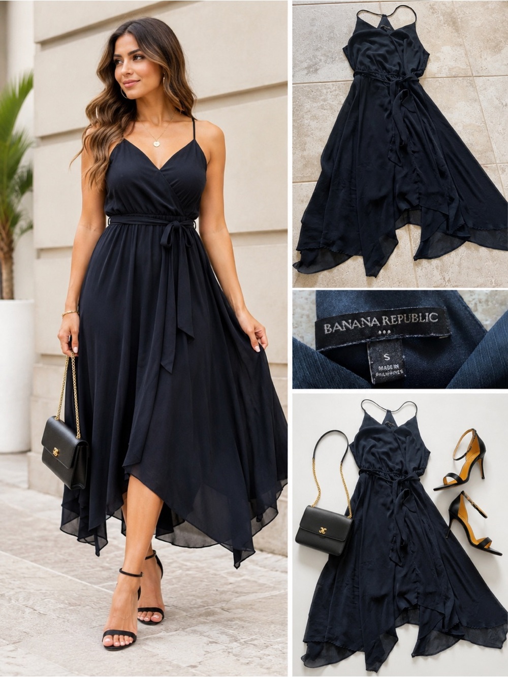 Banana Republic Navy & Black Asymmetrical Handkerchief-Hem Slip Dress